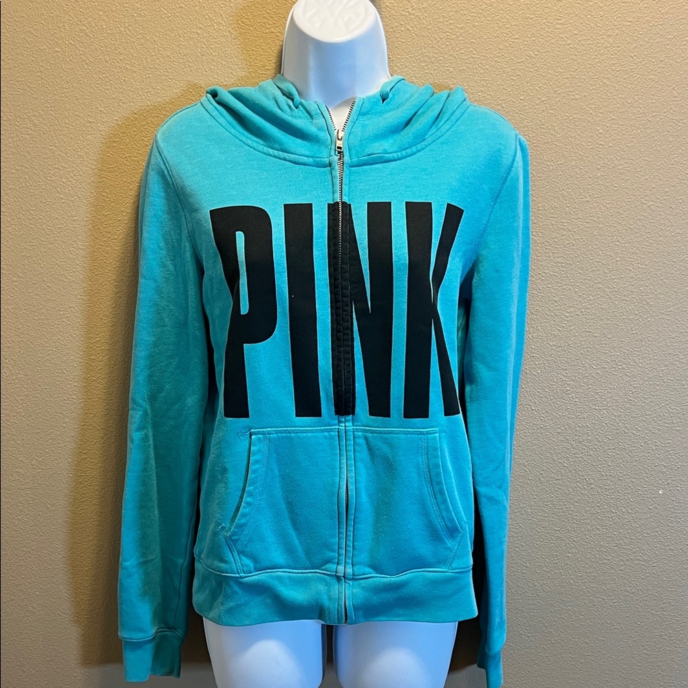 PINK Victoria's Secret Woman’s Aqua Hoodie with Black Logo Size Small S/P